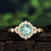 Luxury 4-Prong Round Natural Moss Agate Engagement Ring